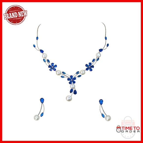 CZ Crystal Freshwater Pearl Floral Necklace Earrings Set Bridal